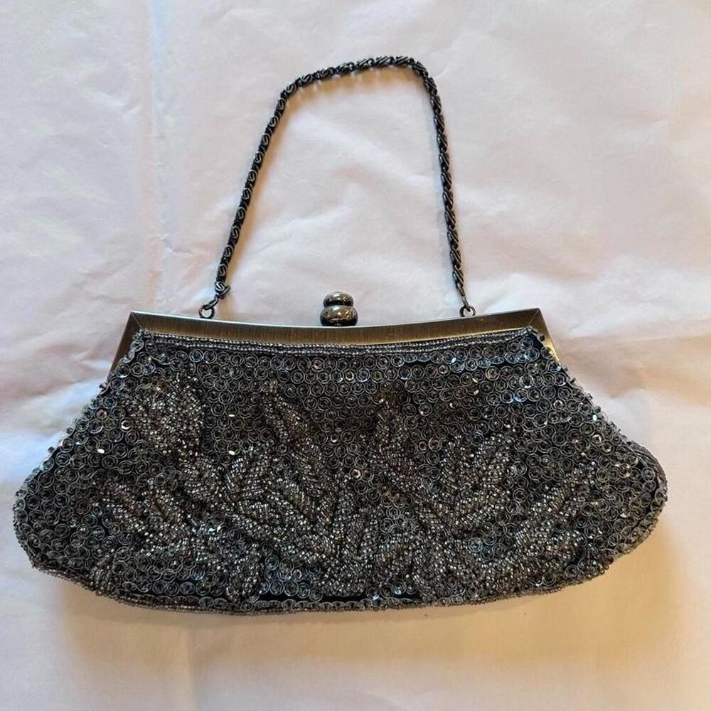Vintage -Style Kate Landry Beaded  Clutch Purse Silver Grey